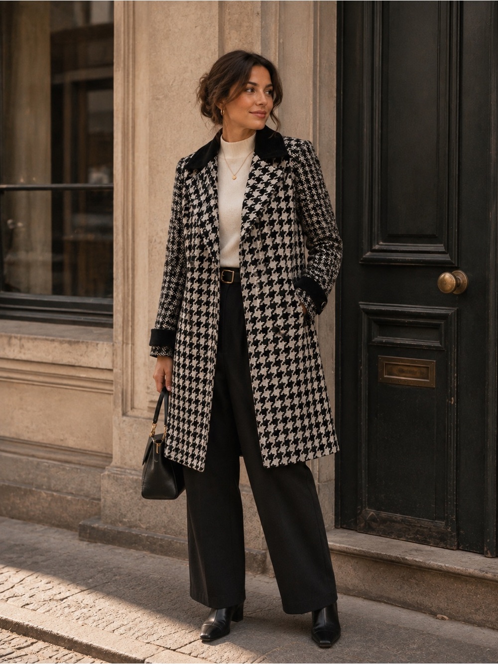 Express Black & White Houndstooth Long Coat